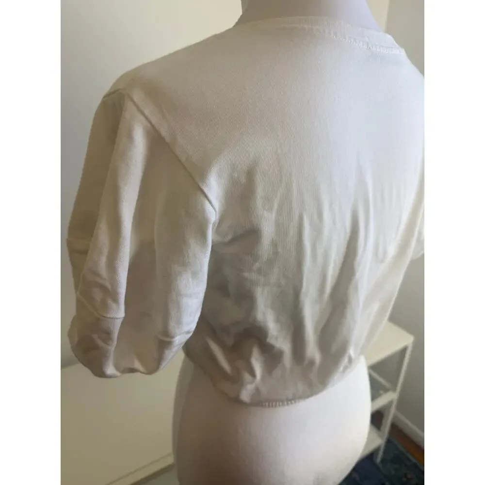 Zara Womens Short Puff Sleeve Minimalist Elastic Cropped Blouse Top White Small